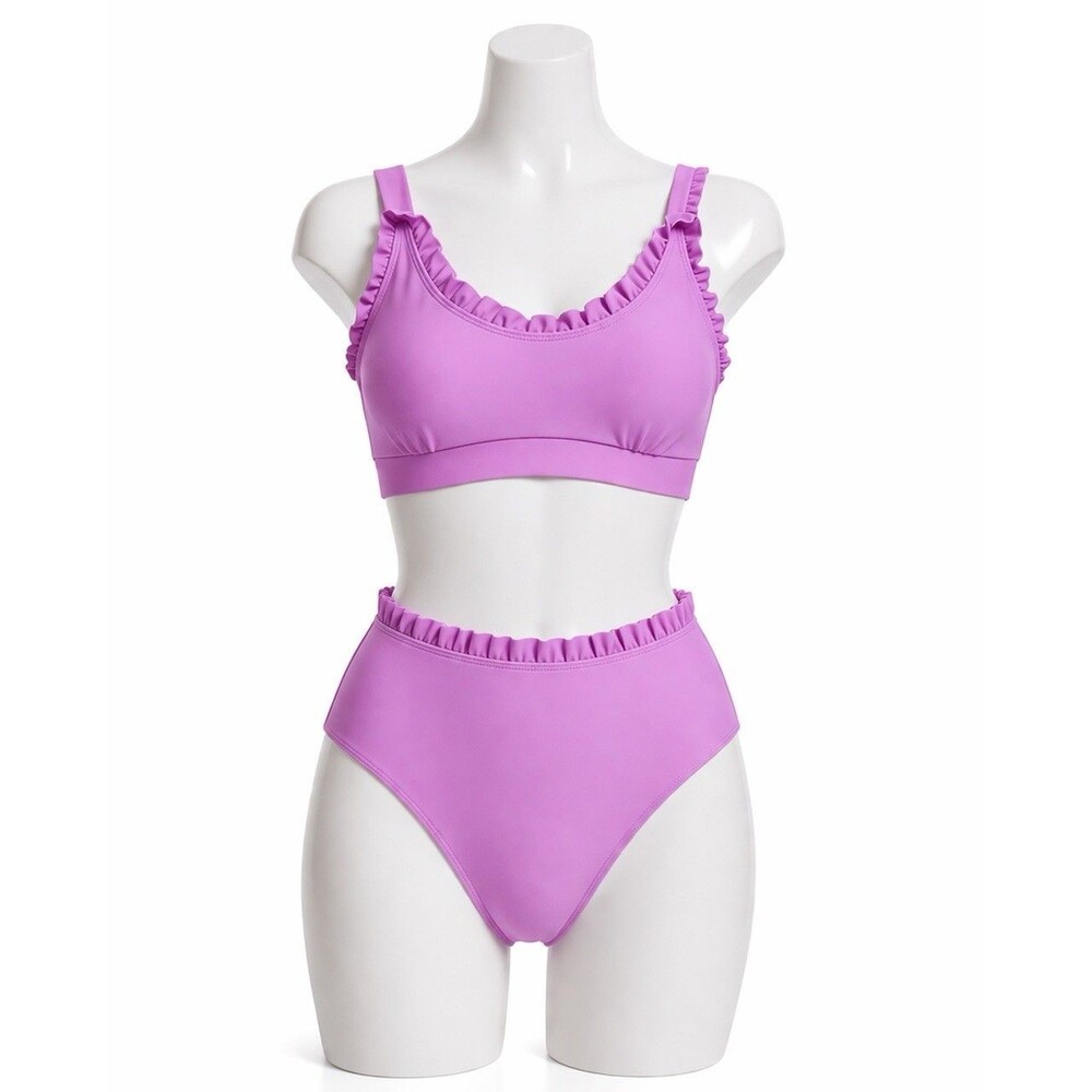 Women’s Purple Small Ruffled High Waist Bikini Set Padded Swim Bathing Suit